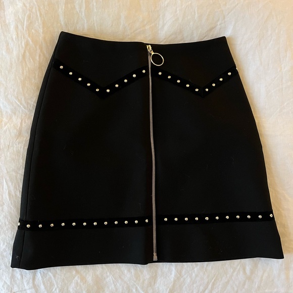 Maje Jimage Studded Velvet Trim Crepe Mini Skirt 4 36 Noir Aline Western - Picture 2 of 3